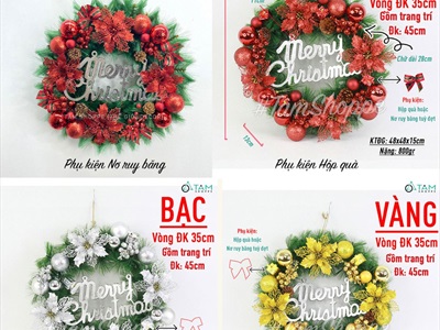 Vòng nguyệt quế Noel 4 hoa trạng nguyên kim tuyến ĐK45cm VNGQ-X-45